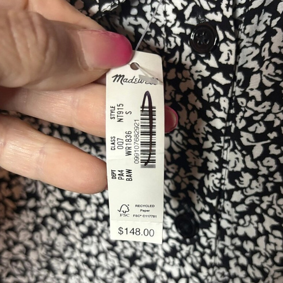 Madewell Black White Floral Tiered Mini Dress Long Sleeve Collared S NWT - Picture 9 of 9